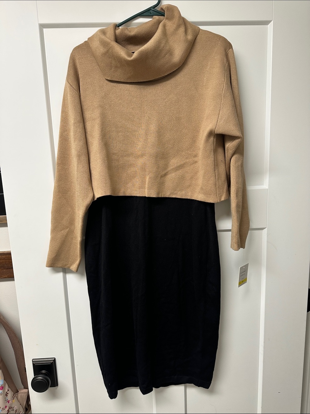 Taylor Two-Tone Cowl Neck Sweater Dress in Camel and Black